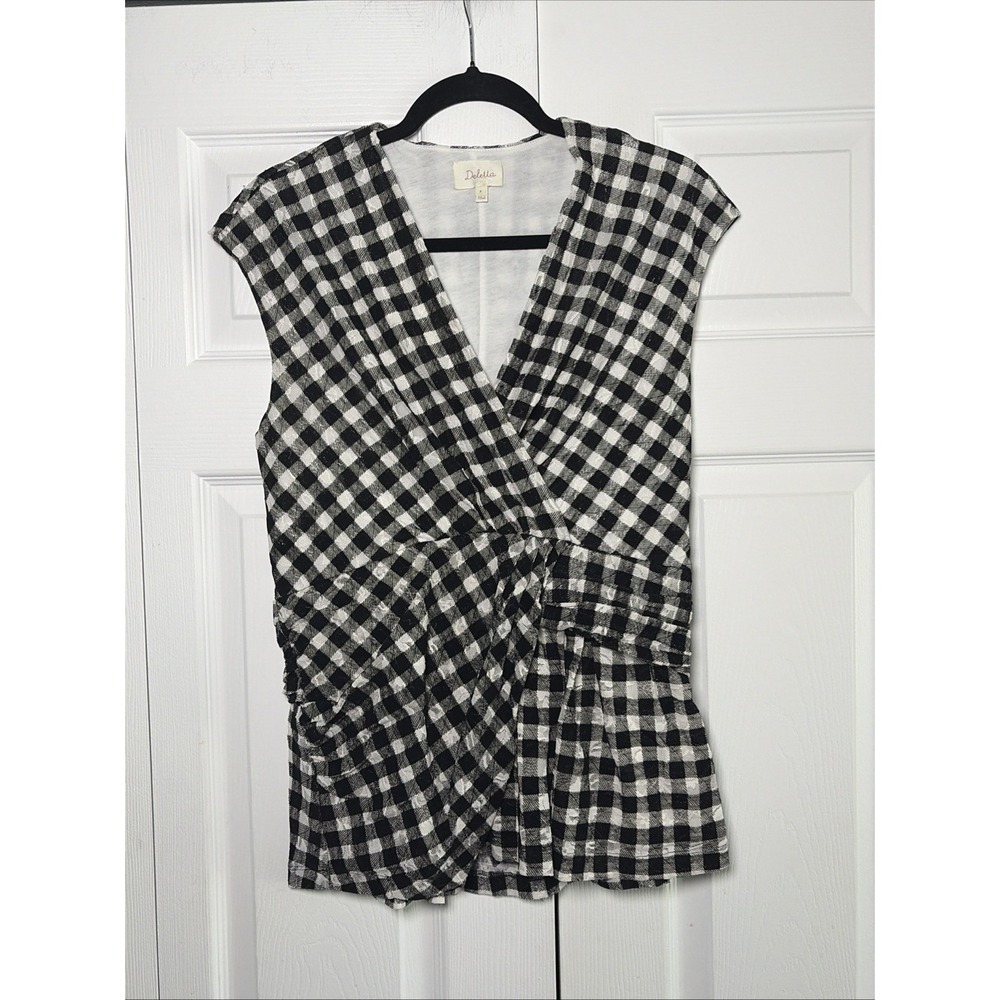 Deletta Gingham Wrap Top Womens Size M Black White Plaid Surplice Anthropologie